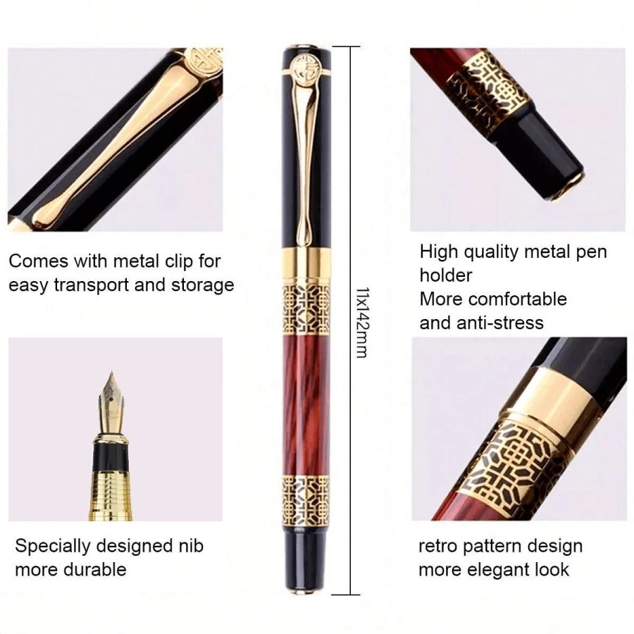 1pc 0.5mm metal nib fountain pen + 10pcs black ink cartridges. A retro, high-end