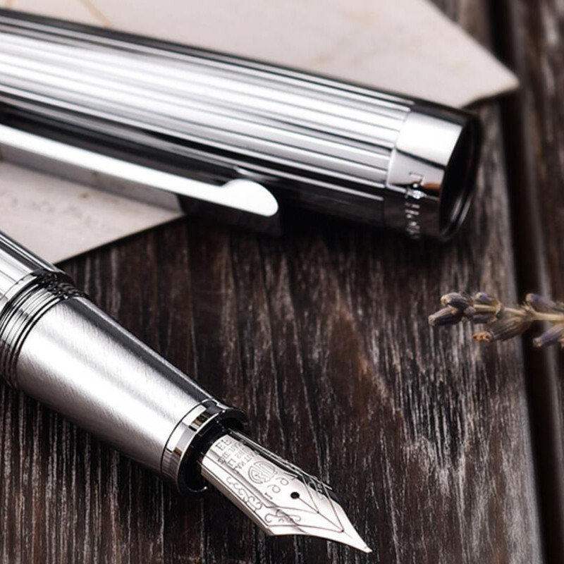 HongDian 1845 Steel Fountain Pen Metal Stripe Silver/Black Iridium EF/F Ink Pen