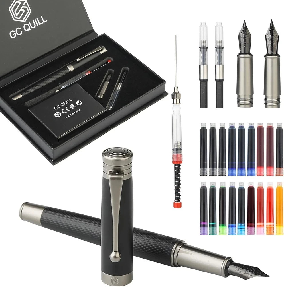 Fountain Pen Set with Fine & Medium Nibs 18 Ink Cartridges Converter Gift Kit