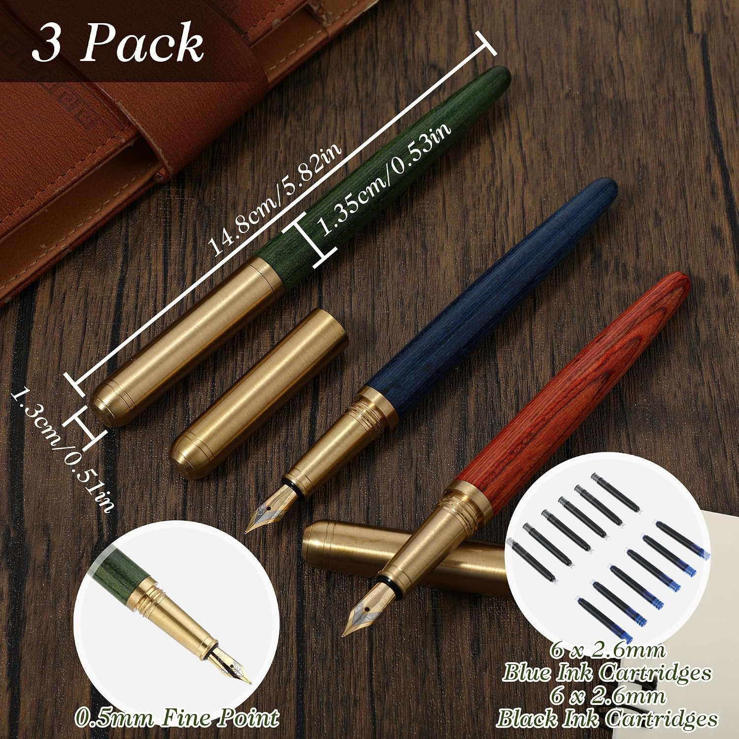 Vintage Wooden Fountain Pens Set, 3Pcs Handcrafted Luxury Wood Fountain